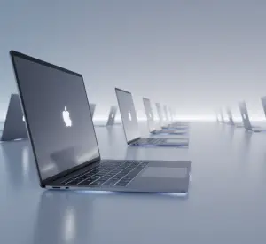 Multiple thin futuristic Apple-style laptops arranged in a row, fading into the horizon with glowing ambient light and a cinematic, premium look.
